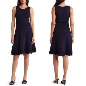 NEW ELIZA J Navy SLEEVELESS Scalloped RUFFLE A-Line SWEATER Knit RIBBED DRESS M